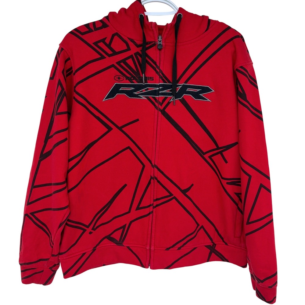 Polaris RZR Full Zip Hoodie Mens XL‎ Red AOP Graphic Grunge Jacket Sweatshirt
